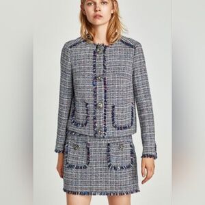 ZARA Tweed Boucle Coord Gemstone Embellished buttons Jacket navy white Gray Sz M